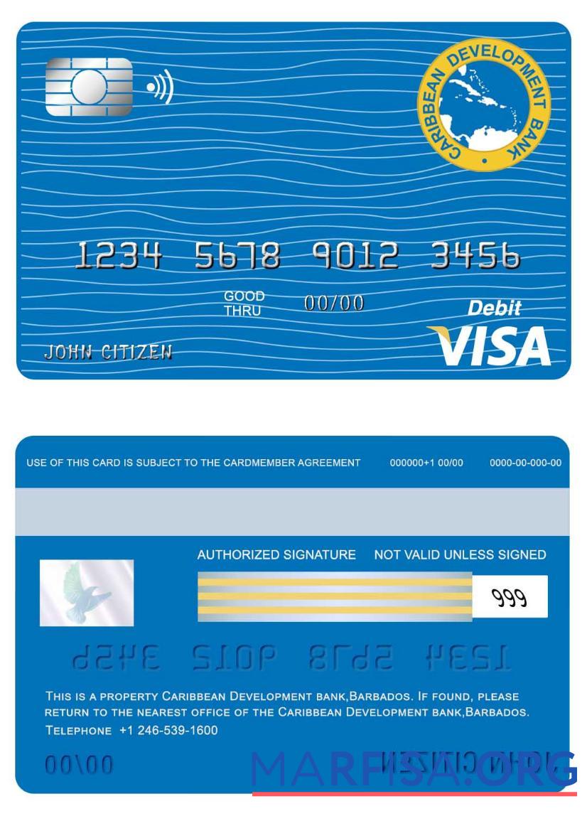 Realistic Barbados Caribbean Development bank visa card real example
